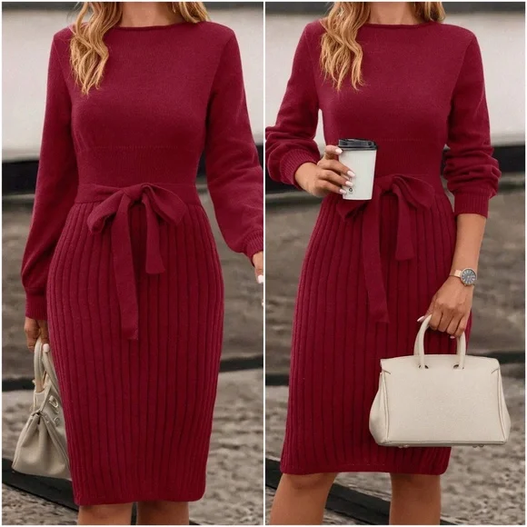 Classic Ribbed Belted Solid Sweater Dress - Picture 4 of 7
